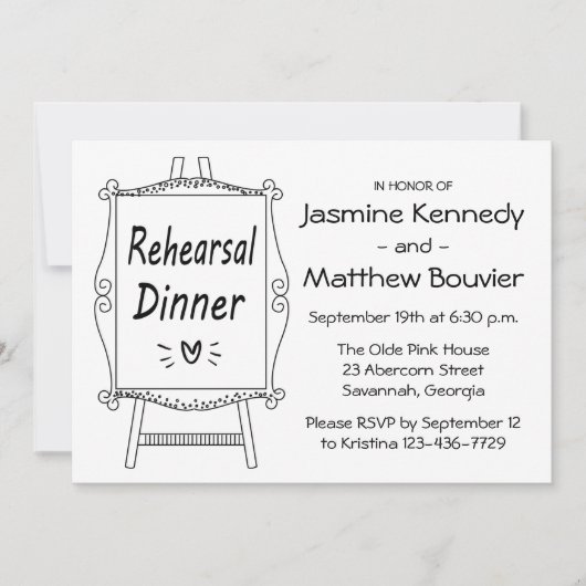 白黒のリハーサル結婚ディナーイーゼルサイン 招待状 (正面)