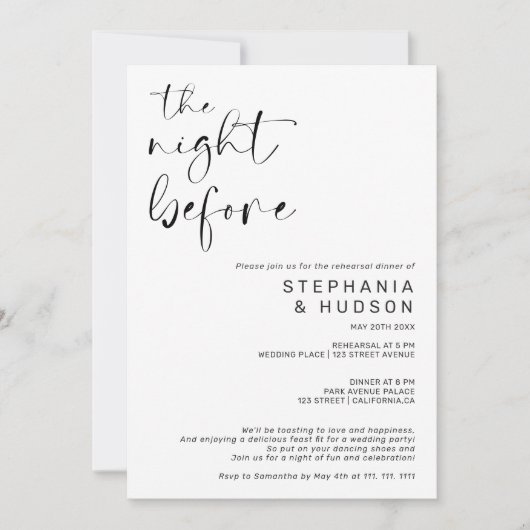 白黒のリハ結婚ーサルディナーの前の夜 招待状 (正面)