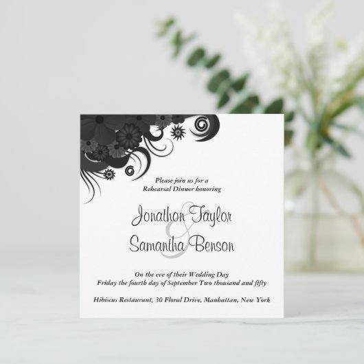 白黒のリハ結婚ーサルディナー招待状 招待状 (スタンド正面)