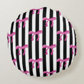 白黒のリボンにピンクのリボンの弓を付ストライプける ラウンドクッション (裏面)