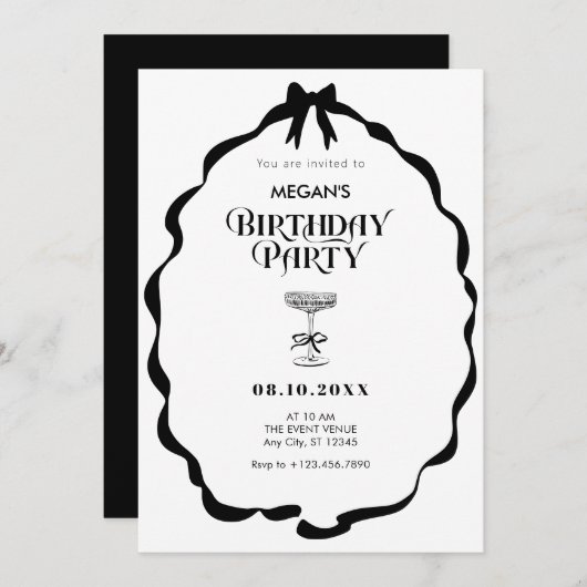白黒のリボン誕生日パーティー 招待状 (正面/裏面)