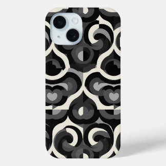 白黒のレトロ抽象パターン iPhone 15ケース