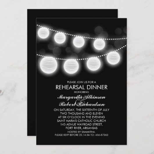 白黒のロマンチックな提灯のリハーサルディナー 招待状 (正面/裏面)