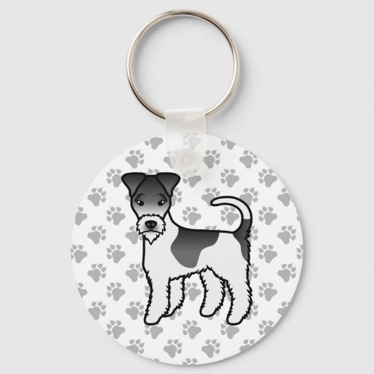 白黒のワイヤーフォックステリー犬のイラスト キーホルダー (正面)