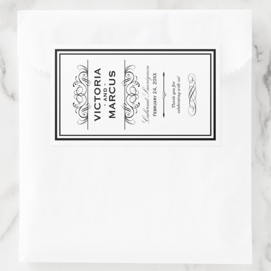 白黒のワイン結婚ボトルモノグラムのお願い 長方形シール (バッグ)