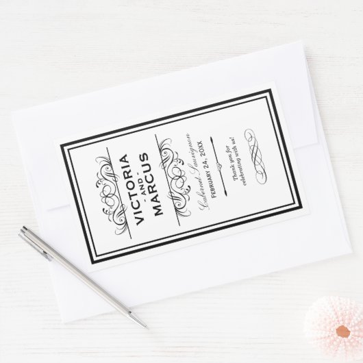 白黒のワイン結婚ボトルモノグラムのお願い 長方形シール (封筒)