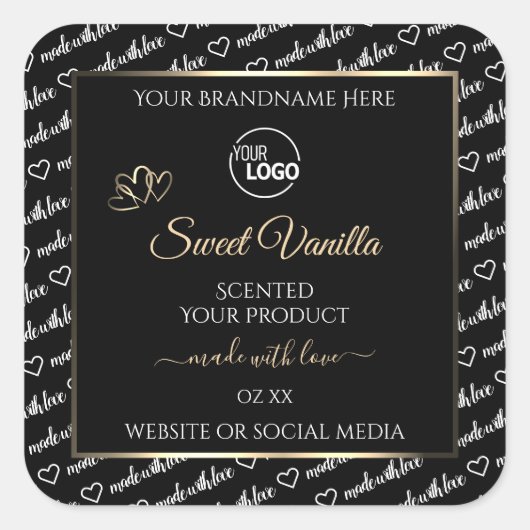 白黒のワードアート製品ラベルのロゴ金ゴールド スクエアシール (正面)