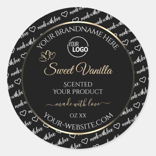 白黒のワードアート製品ラベルのロゴ金ゴールド ラウンドシール (正面)