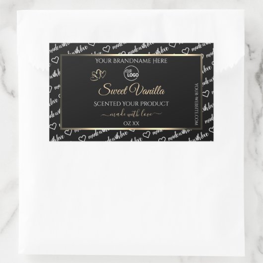 白黒のワードアート製品ラベルのロゴ金ゴールド 長方形シール (バッグ)