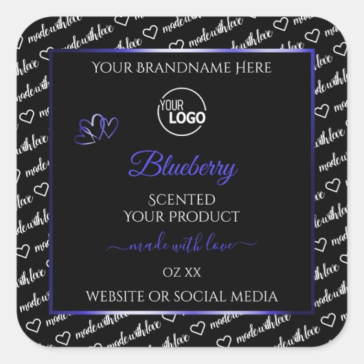 白黒のワードクラウドブルー製品ラベルロゴ スクエアシール (正面)