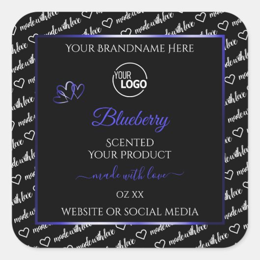 白黒のワードクラウド 青い製品ラベルロゴ スクエアシール (正面)