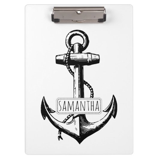白黒のヴィンテージいかりと名前航海の クリップボード (正面)