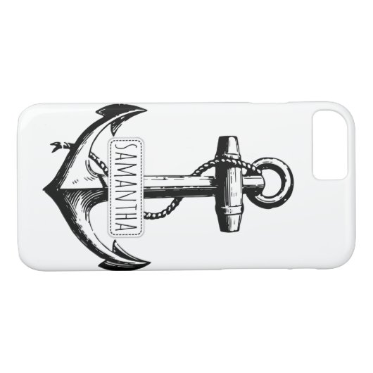 白黒のヴィンテージいかりと名前航海の Case-Mate iPhoneケース (裏面(横))