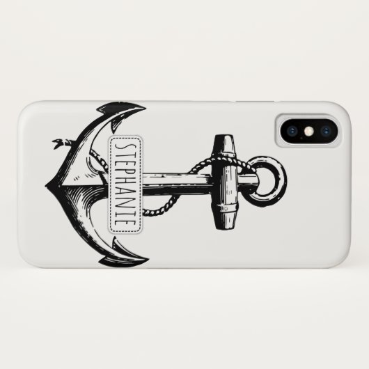 白黒のヴィンテージいかりと名前航海の Case-Mate iPhoneケース (裏面(横))