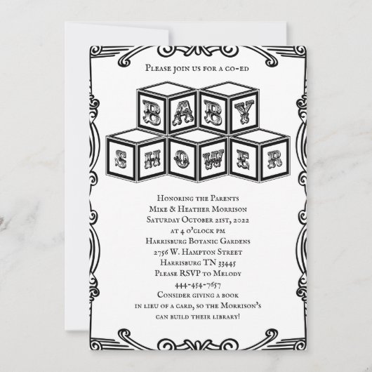 白黒のヴィンテージがベビーシャワーを遮る 招待状 (正面)