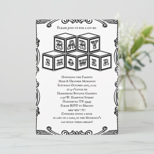 白黒のヴィンテージがベビーシャワーを遮る 招待状 (スタンド正面)