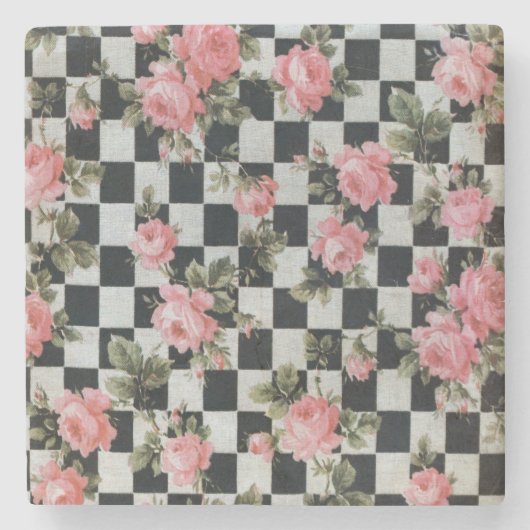 白黒のヴィンテージのバラ ストーンコースター (正面)