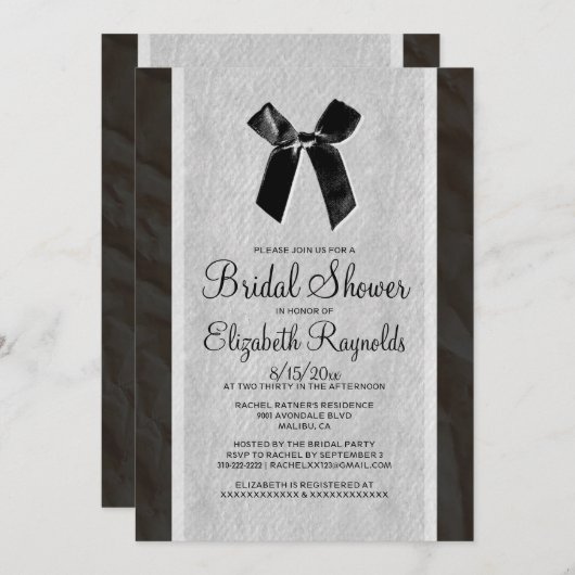 白黒のヴィンテージの弓リネンブライダルシャワーの招待 招待状 (正面/裏面)