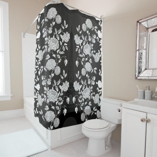 白黒のヴィンテージの花のToileエッフェル塔 シャワーカーテン (インサイチュ)