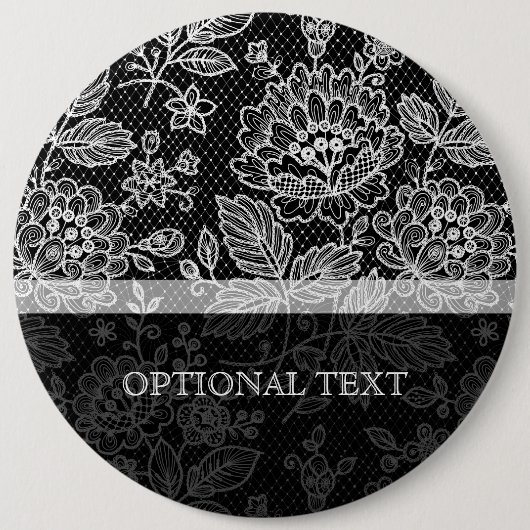 白黒のヴィンテージ華美フローラレースパターン 缶バッジ (正面)