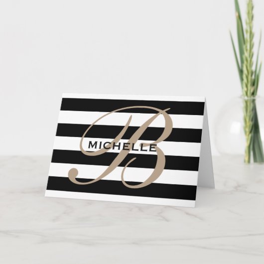 白黒の上品なストライプのモノグラムのノートカード ノートカード (正面)