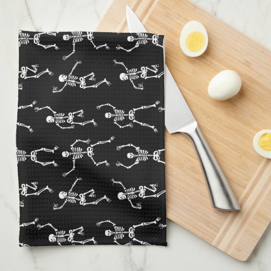 白黒の不気味踊りスケルトン キッチンタオル (四つ折り)