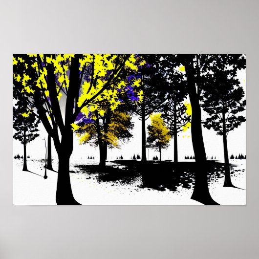 白黒の世界の青と黄色の葉 ポスター (正面)