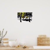 白黒の世界の青と黄色の葉 ポスター (キッチン)