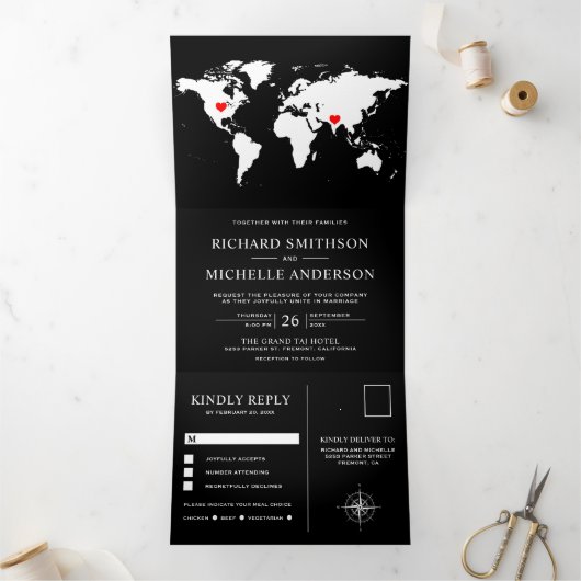 白黒の世界地図と一の国結婚の地図 三つ折り招待状 (内部)