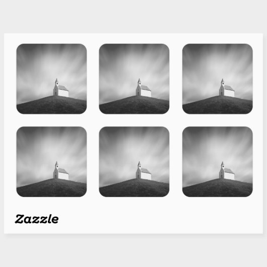 白黒の丘の上の教会 スクエアシール (シート)