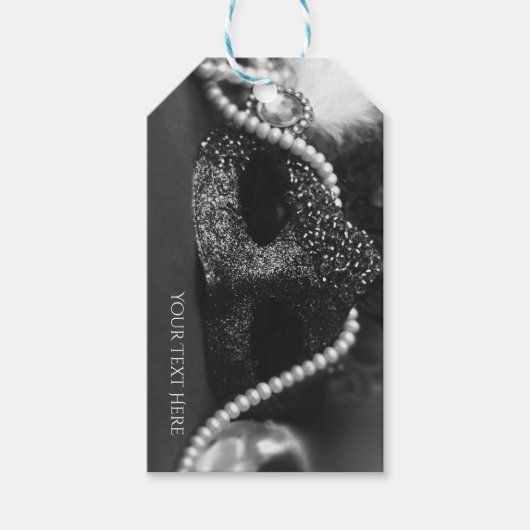 白黒の仮装マスクと真珠パーティー ギフトタグ (正面)