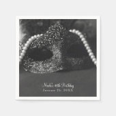 白黒の仮装マスクと真珠パーティー スタンダードカクテルナプキン (正面)