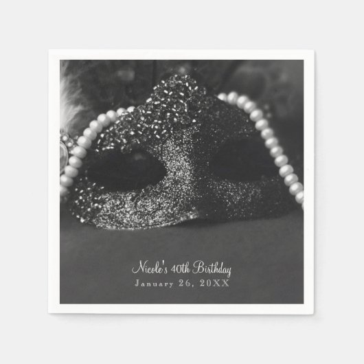 白黒の仮装マスクと真珠パーティー スタンダードカクテルナプキン (正面)
