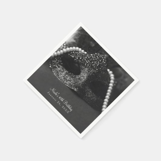 白黒の仮装マスクと真珠パーティー スタンダードカクテルナプキン (角)