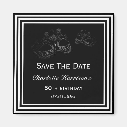 白黒の仮装誕生日日付の保存 マグネット (正面)
