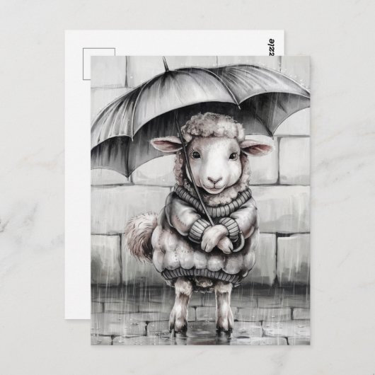白黒の傘が付いたかわいい羊 ポストカード (正面/裏面)