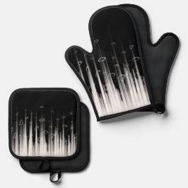 白黒の催眠性の丸い線ストリークアート 鍋つかみ&鍋敷きセット