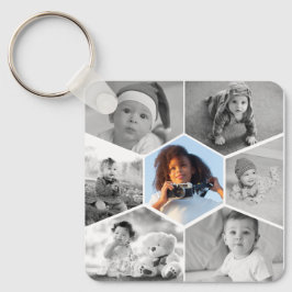 白黒の六角フォトコラージュ キーホルダー