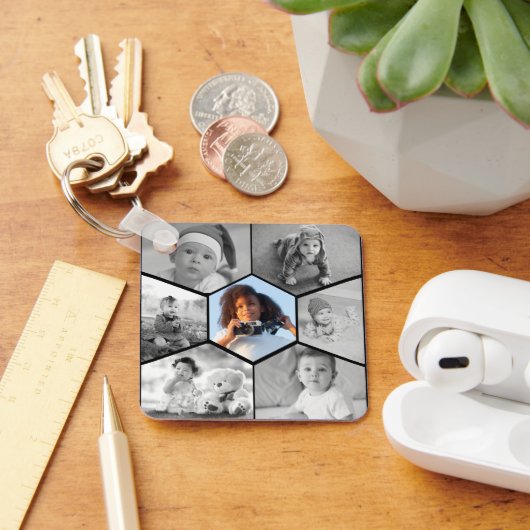 白黒の六角フォトコラージュ キーホルダー (デスク)