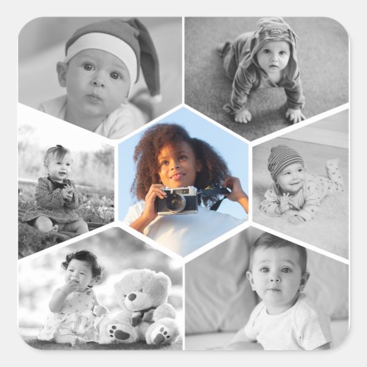 白黒の六角フォトコラージュ スクエアシール (正面)