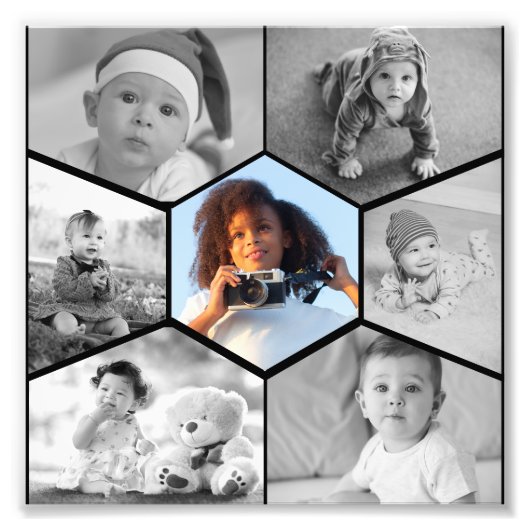 白黒の六角フォトコラージュ フォトプリント            (正面)