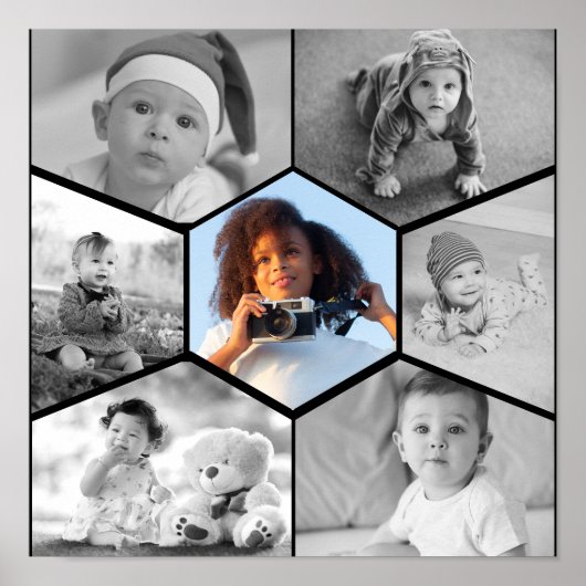 白黒の六角フォトコラージュ ポスター (正面)