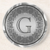 白黒の円のフローラデザインモノグラーム コースター (正面)