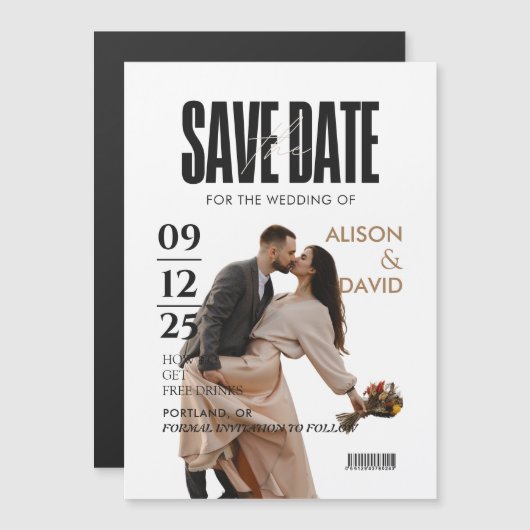 白黒の写真の日付を保存結婚する マグネット招待状 (正面/裏面)