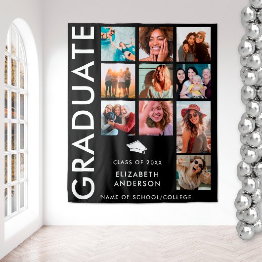 白黒の写真を背景に卒業式パーティー タペストリー