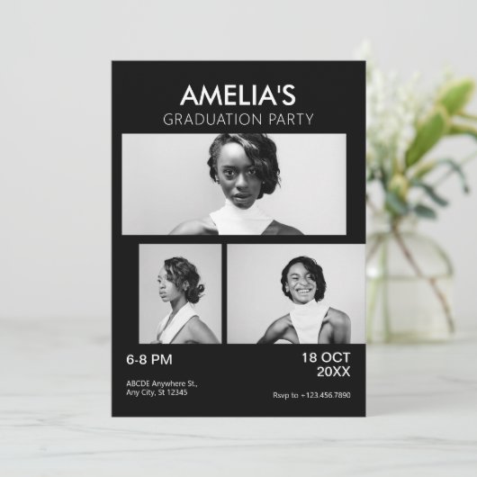 白黒の写真エレガント卒業パーティー 招待状 (スタンド正面)