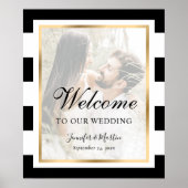 白黒の写真ストライプの歓迎結婚サイン ポスター (正面)