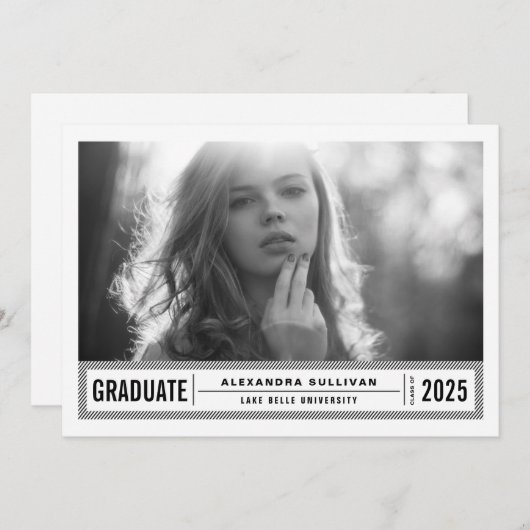 白黒の写真モダンのストライプ卒業 招待状 (正面/裏面)