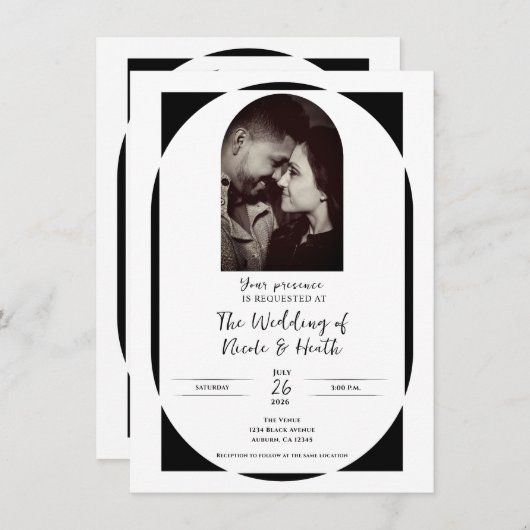 白黒の写真モダンミニマルの結婚数 招待状 (正面/裏面)