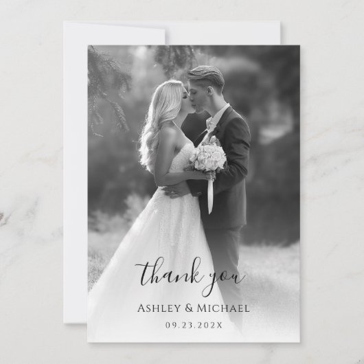 白黒の写真結婚のスクリプモダントシンプル サンキューカード (正面)